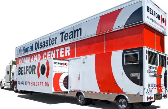 national disaster belfor trailer, red and white.