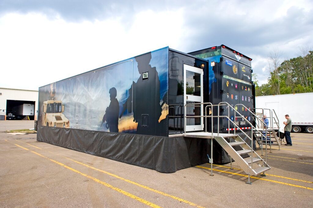 trailer with stairs, the exterior of the trailer is a photo of combat