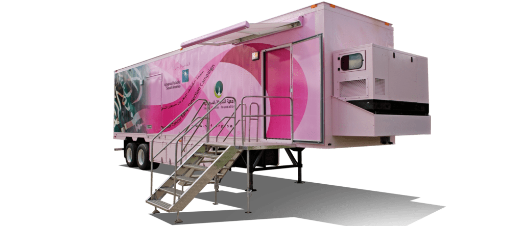 pink trailer that says mobile mammography
