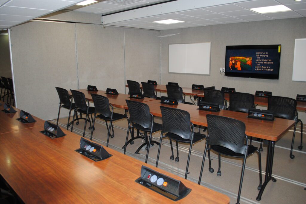 classroom inside of mobile training trailer