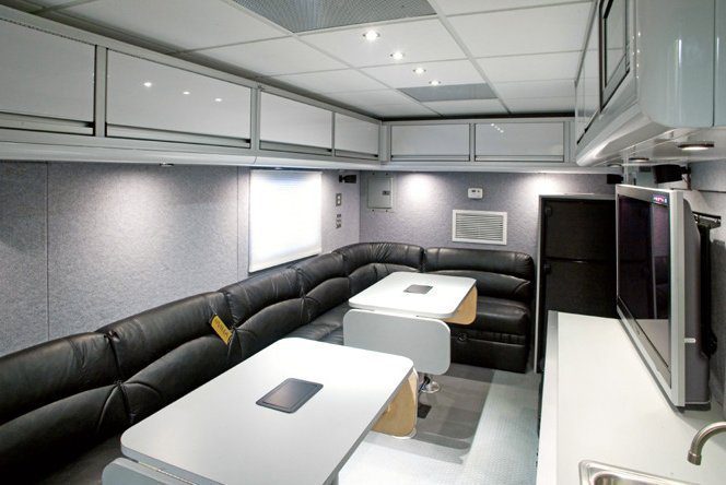 engineering lounge with black sofas