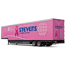 large pink trailer with blue text and pink breast cancer awareness bow