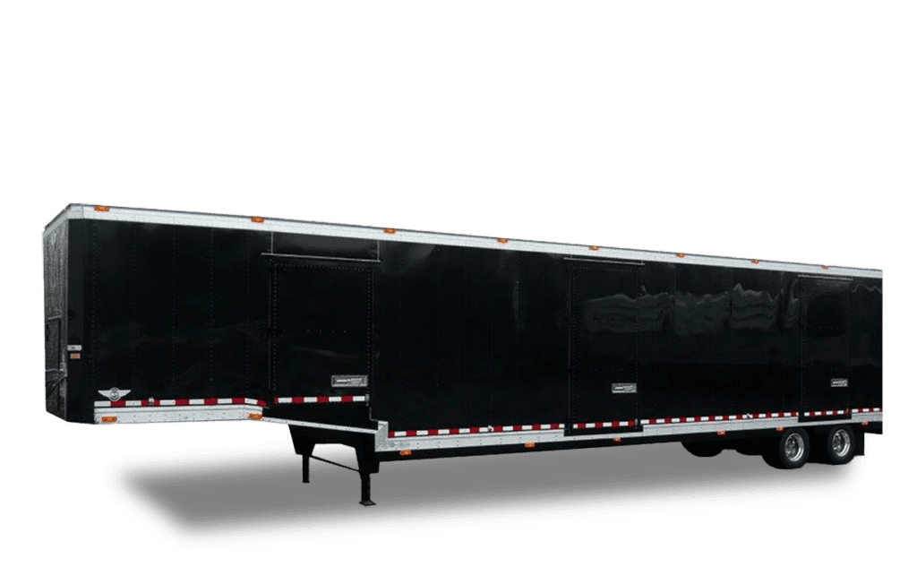 A large black semi-trailer truck trailer is shown on a white background.