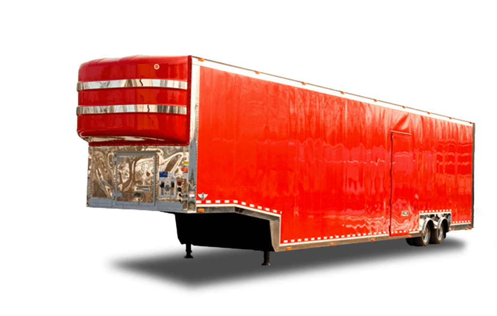 A large red semi-trailer with reflective markings is shown against a white background.
