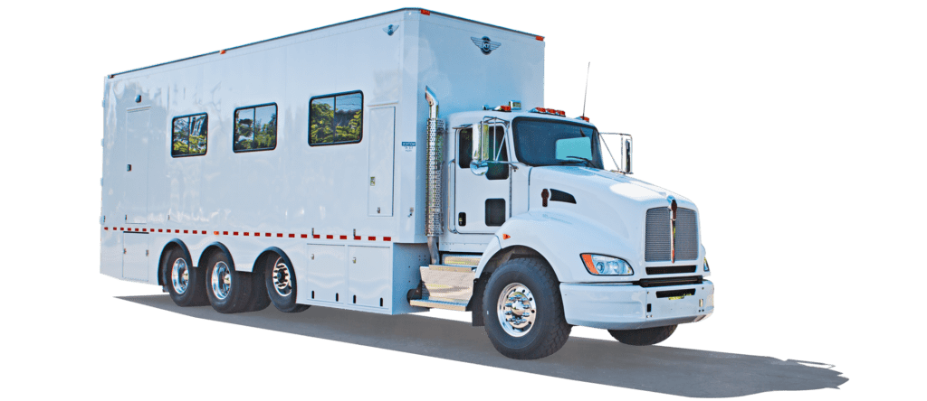 Large white truck with red stripe