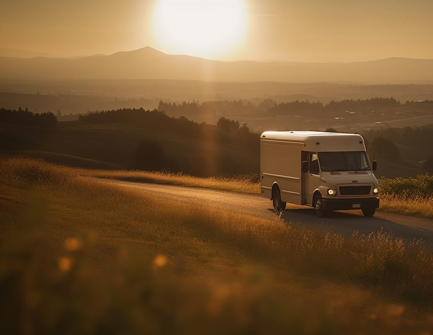 A white delivery van is driving along a rural road at sunset with rolling hills and trees in the background.