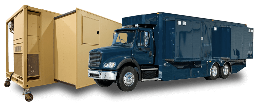 A tan container and large self propelled tractor trailer.