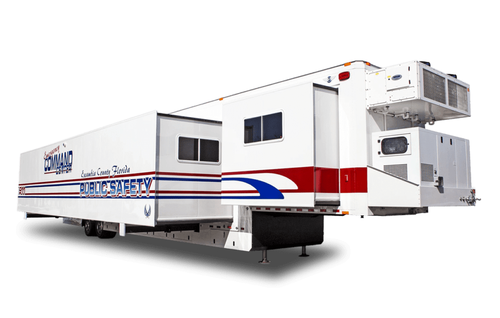 A large white mobile medical unit with red and blue stripes, labeled "Mobile Surgery Center," is equipped with windows and various external components.